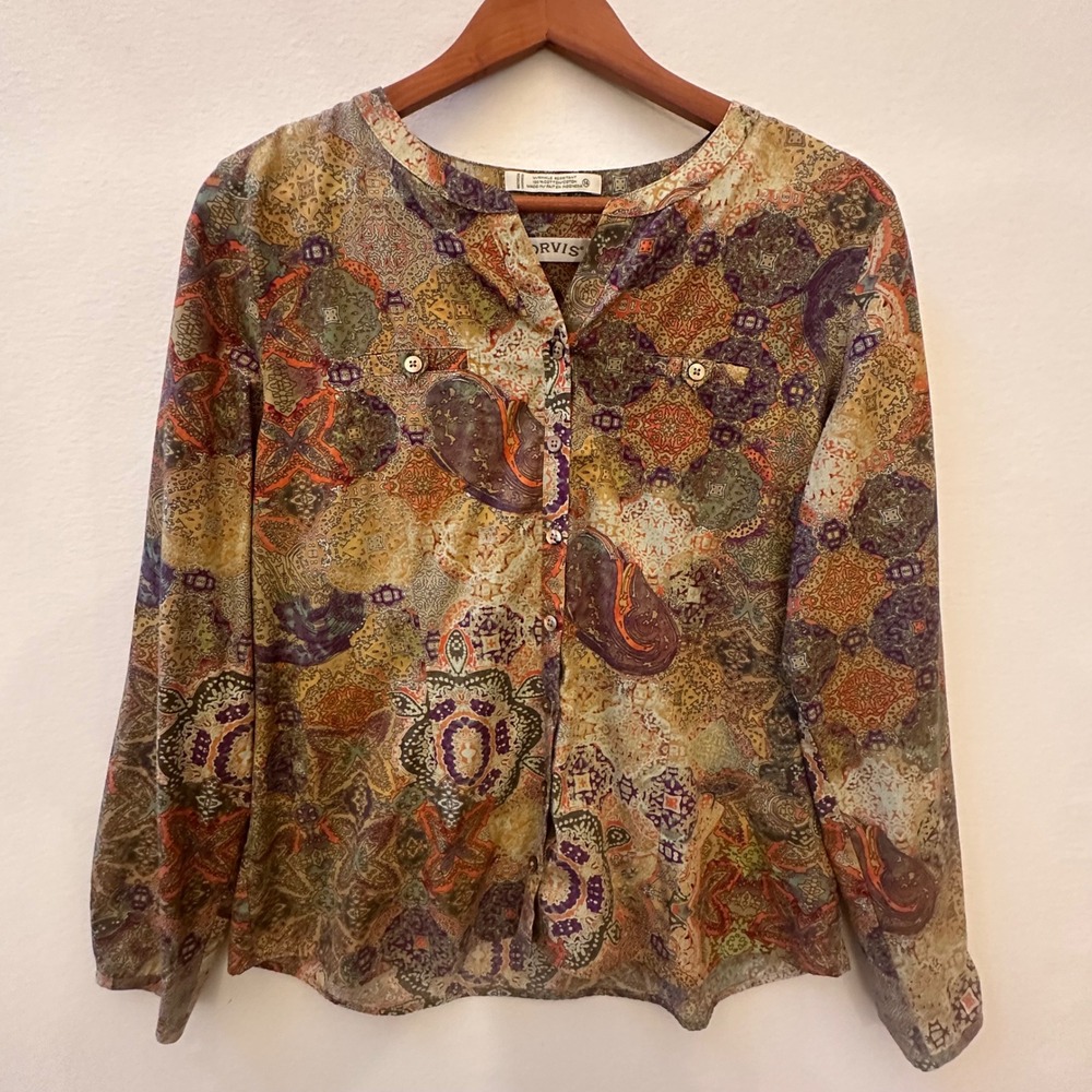 Orvis Womens 14 Cotton Paisley Medallion Blouse Multi Color Long Sleeve Top